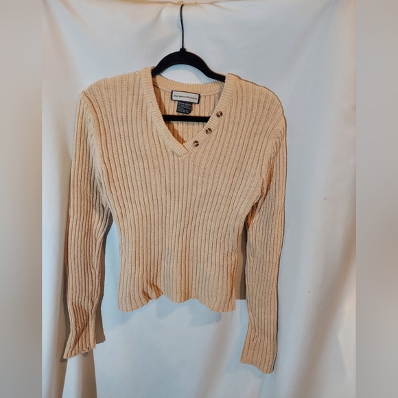 Vintage Women's Tan Cotton Blend Cropped Ribbed Sweater - Picture 1 of 7